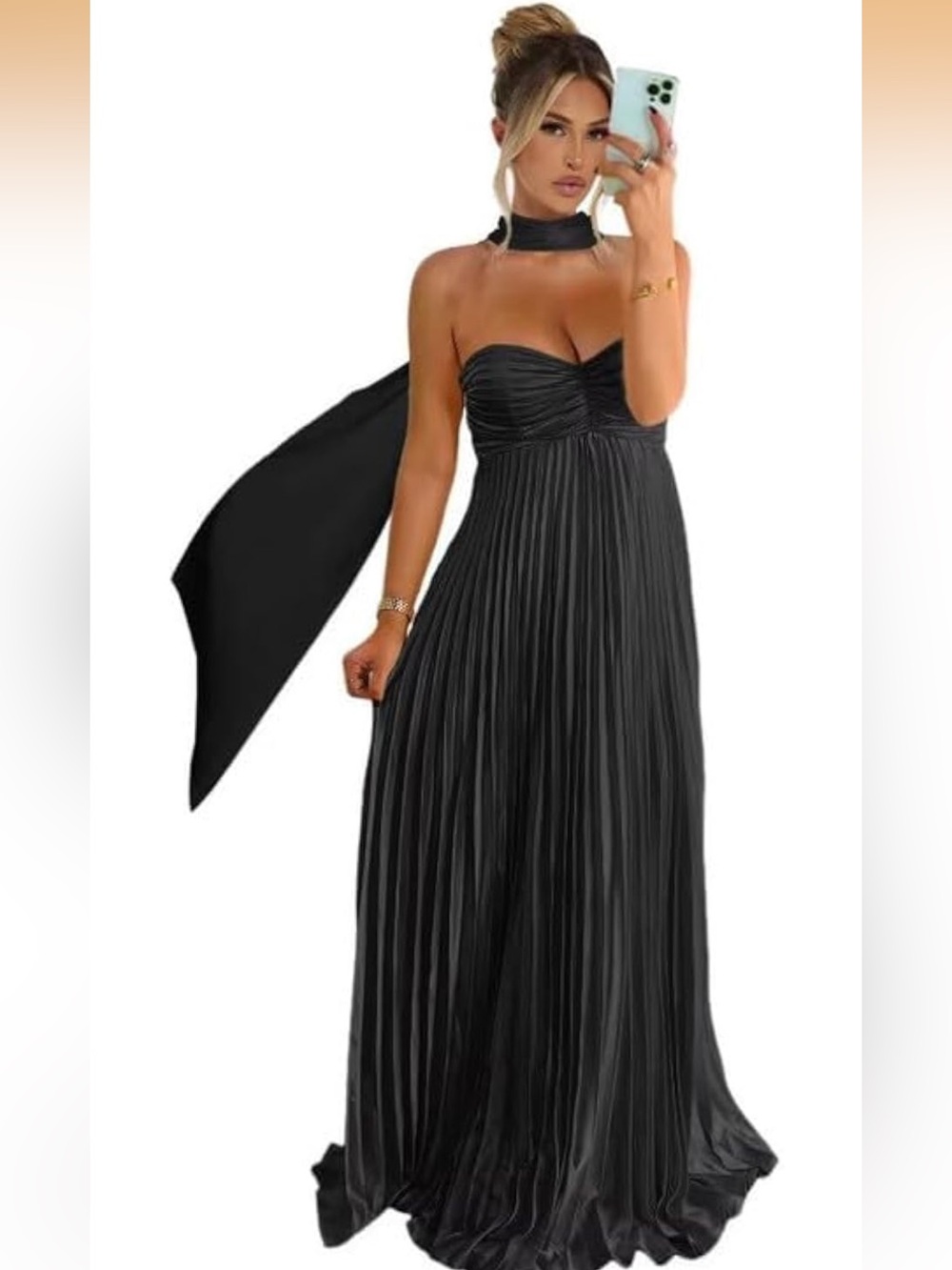 Black Strapless Pleated Maxi Dress with Neck Scarf